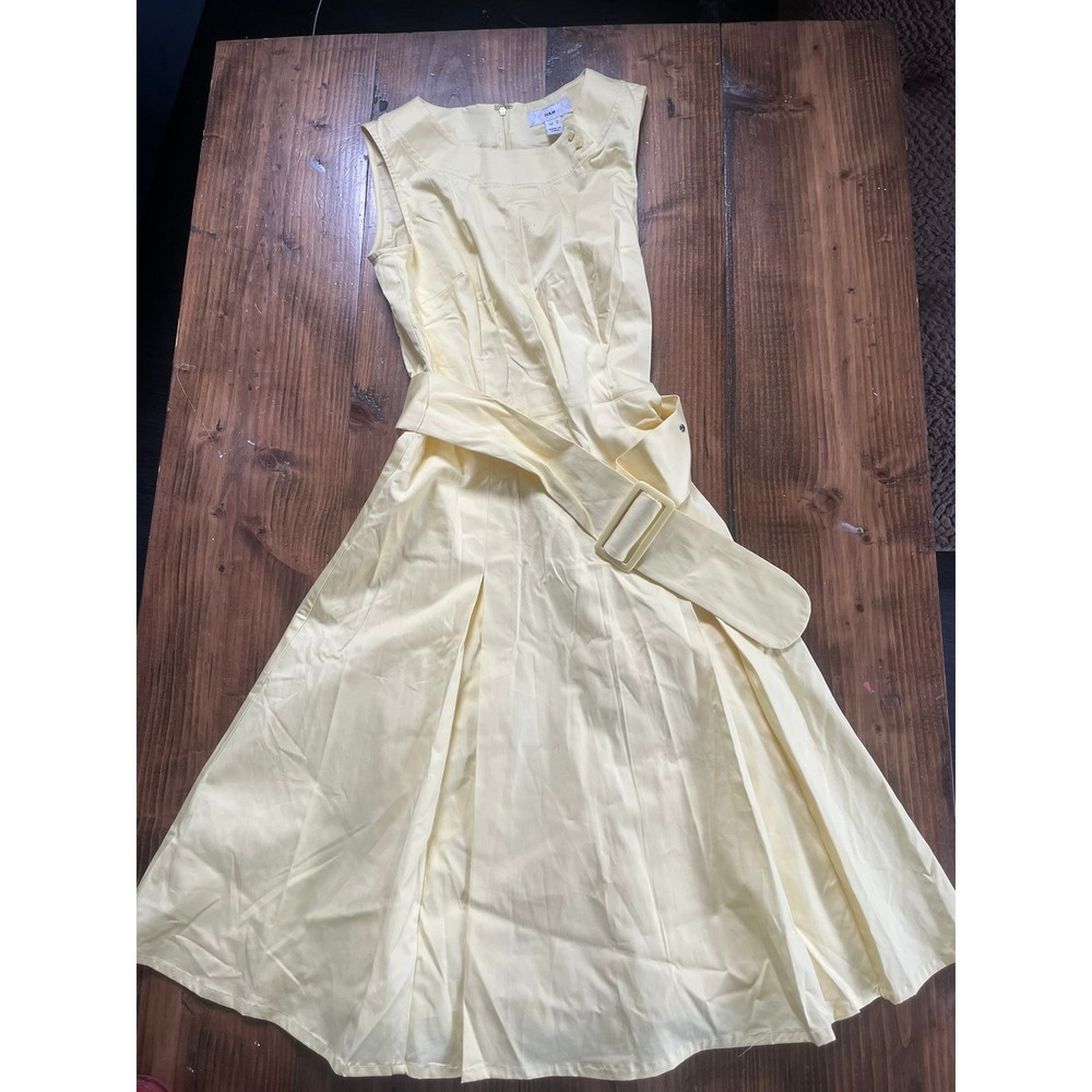 HM Womens Pale‎ Yellow Sleeveless Belted Pleated Fit Flare Midi Dress Size 6